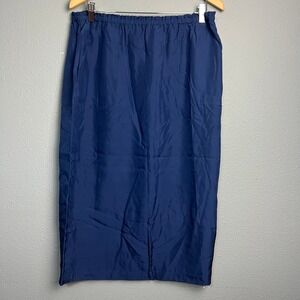 Via‎ Seta Silk Midi Skirt Blue Sz 16 Elastic Waist Pockets Classic Chic Mature